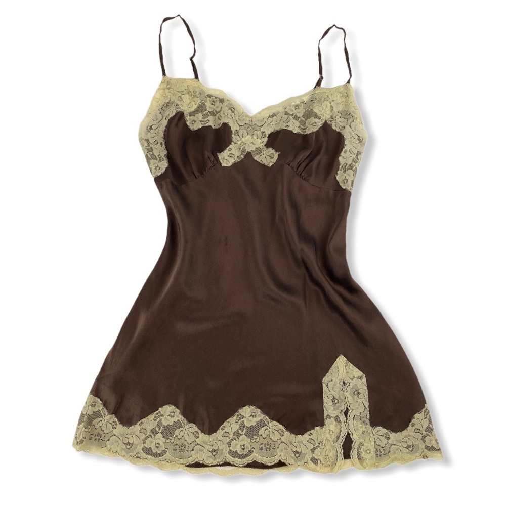 Brown Lace Silk Spaghetti Strap Dress